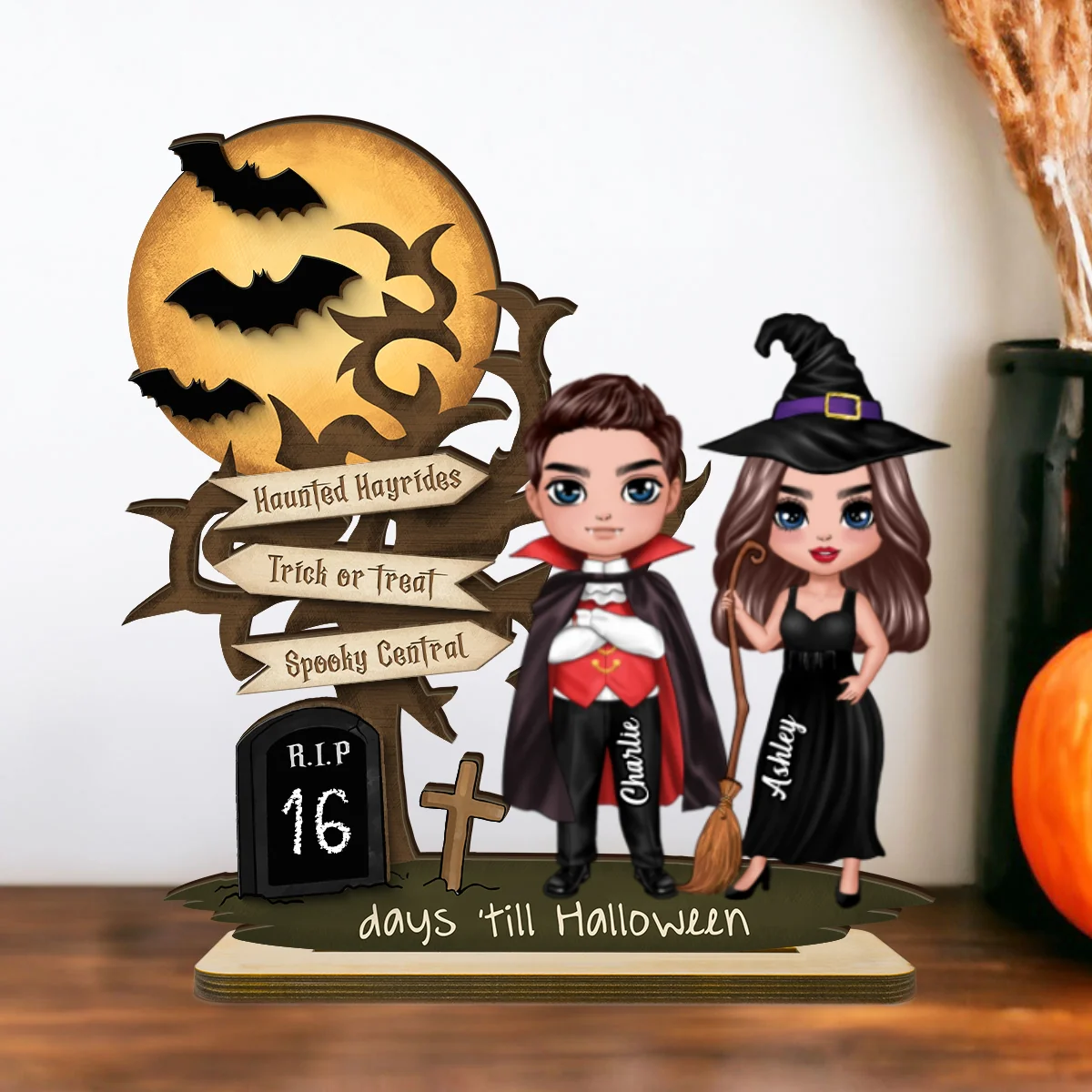 Couple Halloween Countdown Moon Bat Tree Personalized 2-Layer Standing Wooden Plaque - Image 8