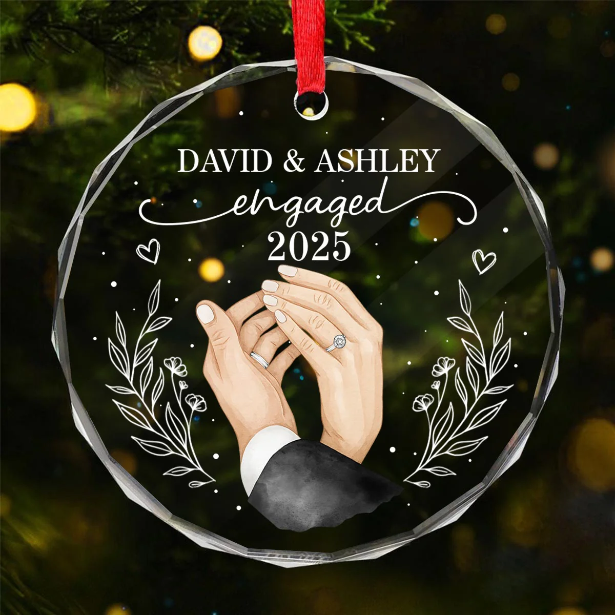 Couple Hands Forever Love First Christmas Engaged Personalized Glass Ornament, Gift For Newly Engaged Couple - Image 2