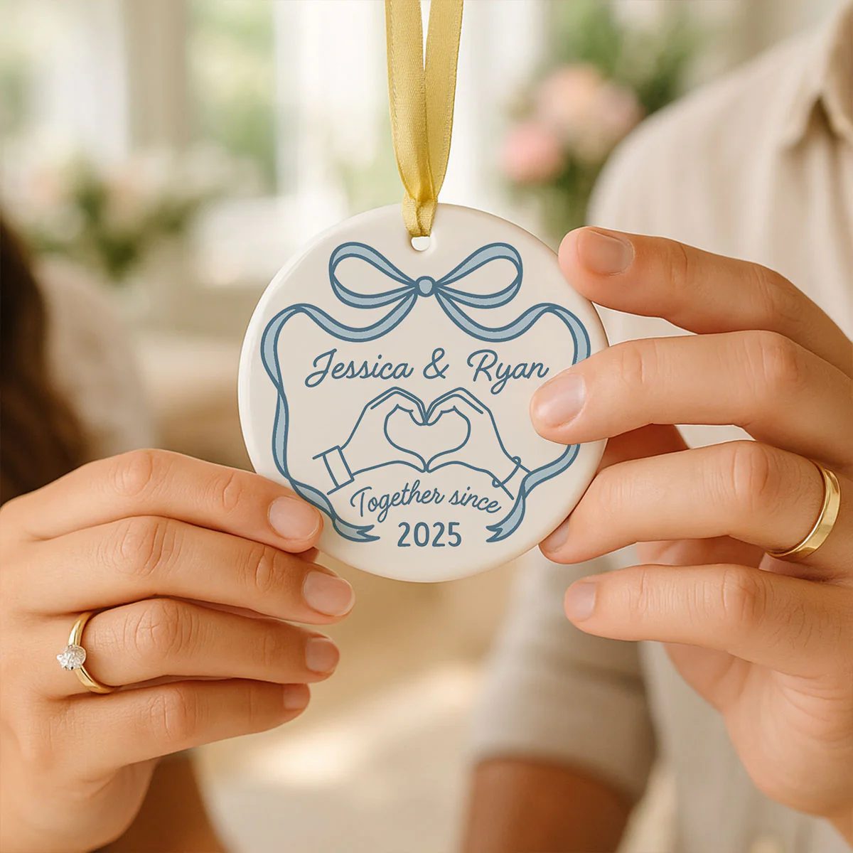 Couple Heart Hand Outline Christmas Personalized Ceramic Ornament - Image 2