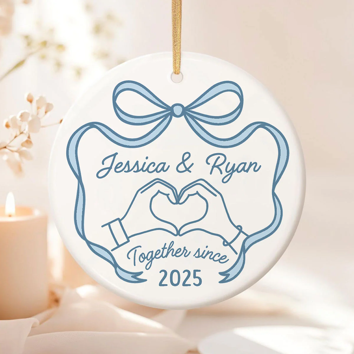 Couple Heart Hand Outline Christmas Personalized Ceramic Ornament - Image 4
