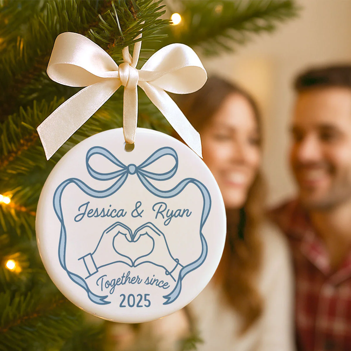 Couple Heart Hand Outline Christmas Personalized Ceramic Ornament - Image 5