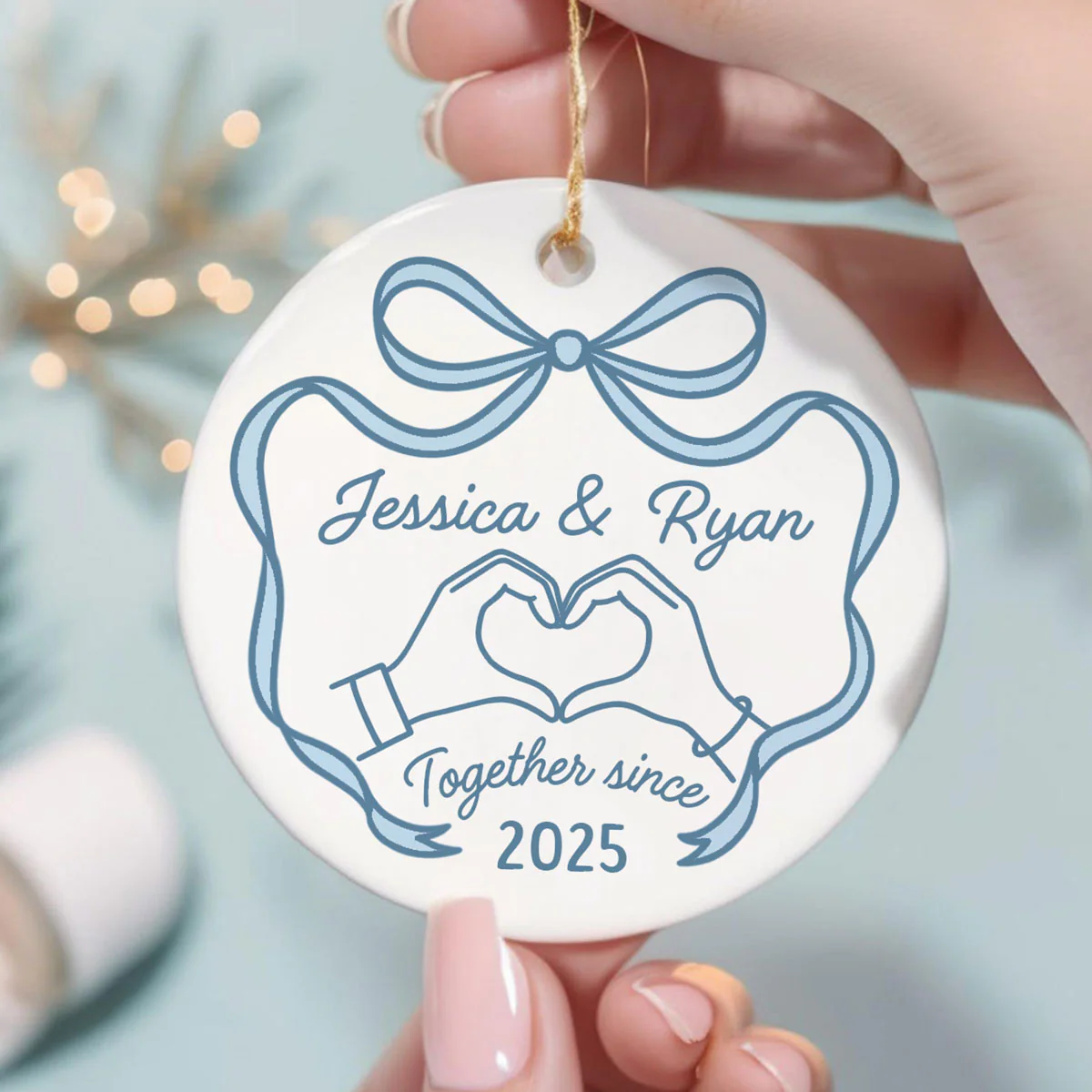 Couple Heart Hand Outline Christmas Personalized Ceramic Ornament - Image 6
