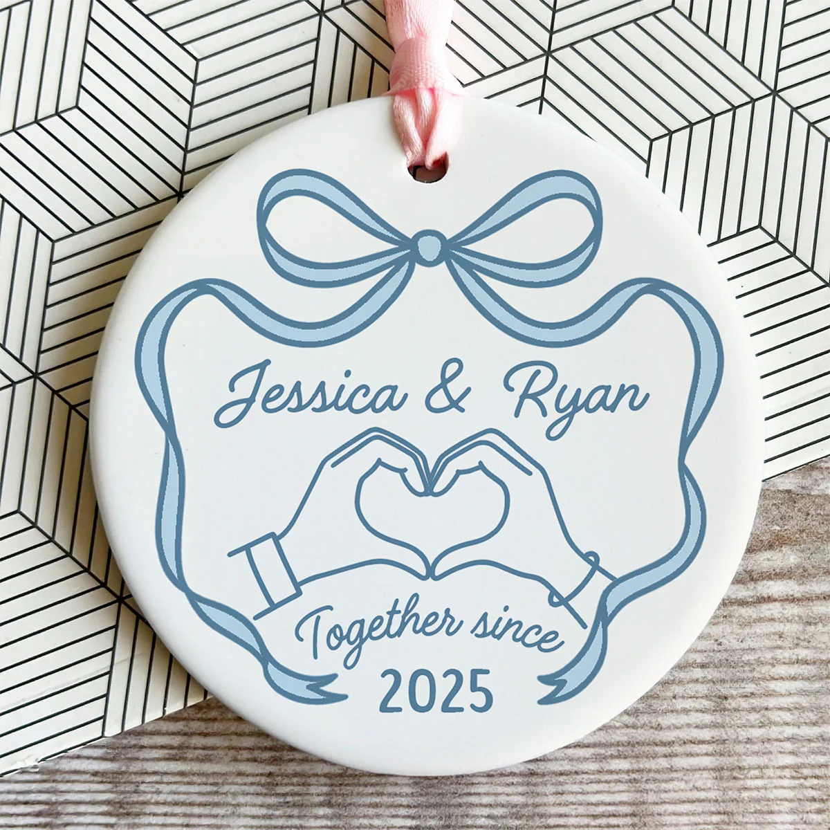 Couple Heart Hand Outline Christmas Personalized Ceramic Ornament - Image 7