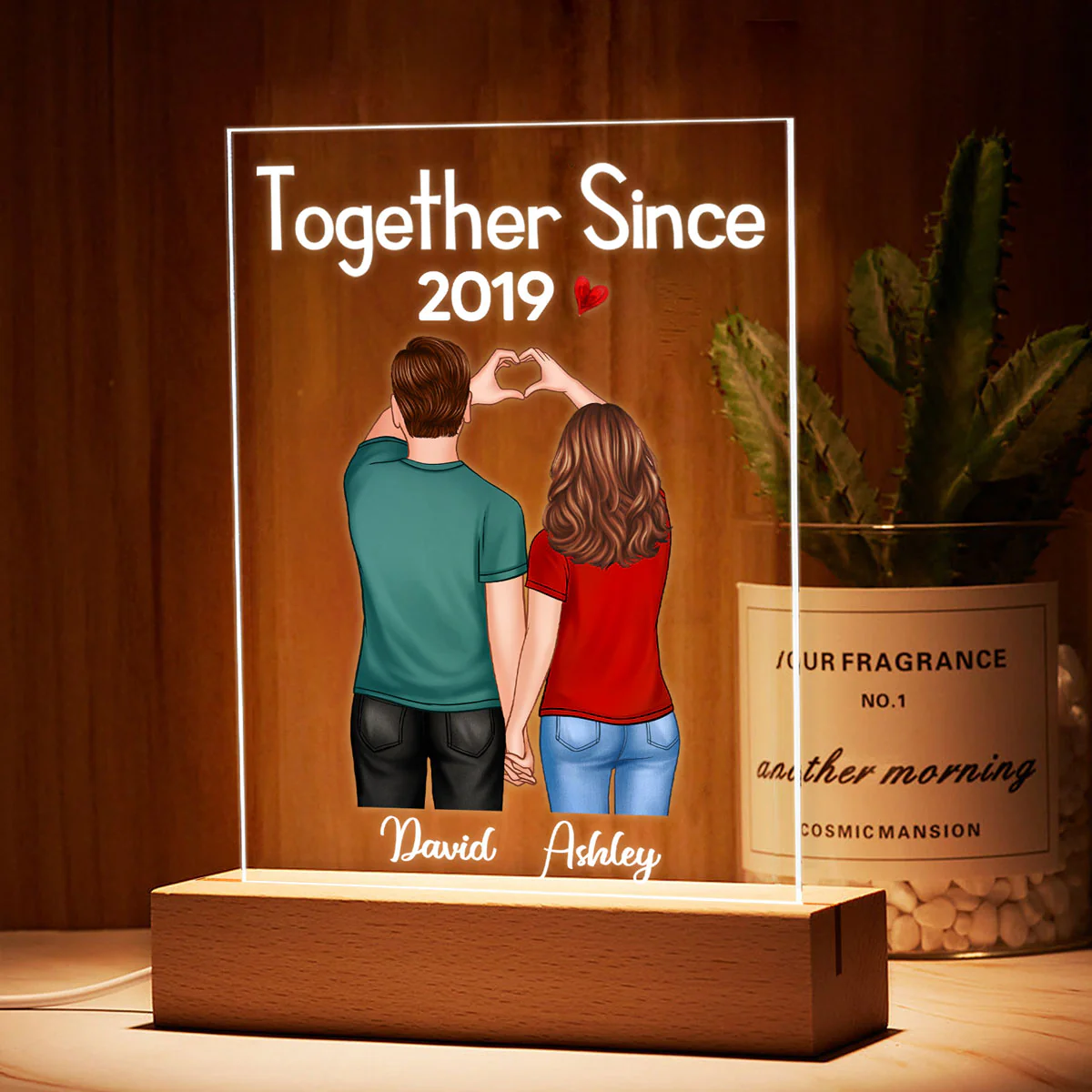Couple Heart Hands Back View Personalized Plaque LED Night Light - Image 3