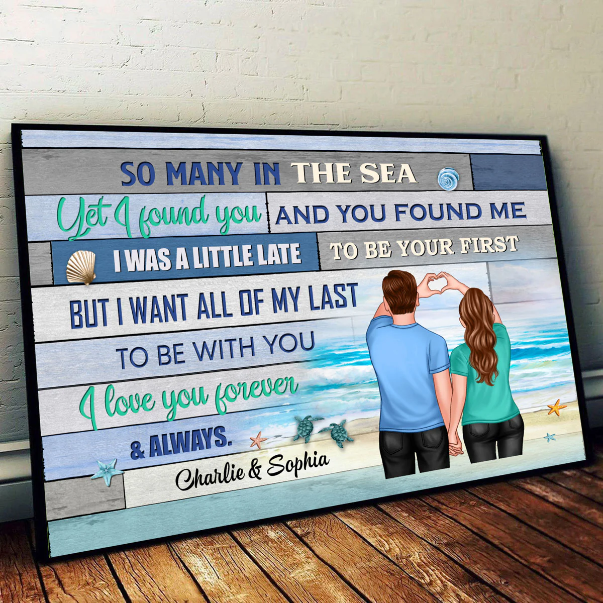 Couple Heart Hands Beach Summer Wooden Stripe Personalized Horizontal Poster - Image 2