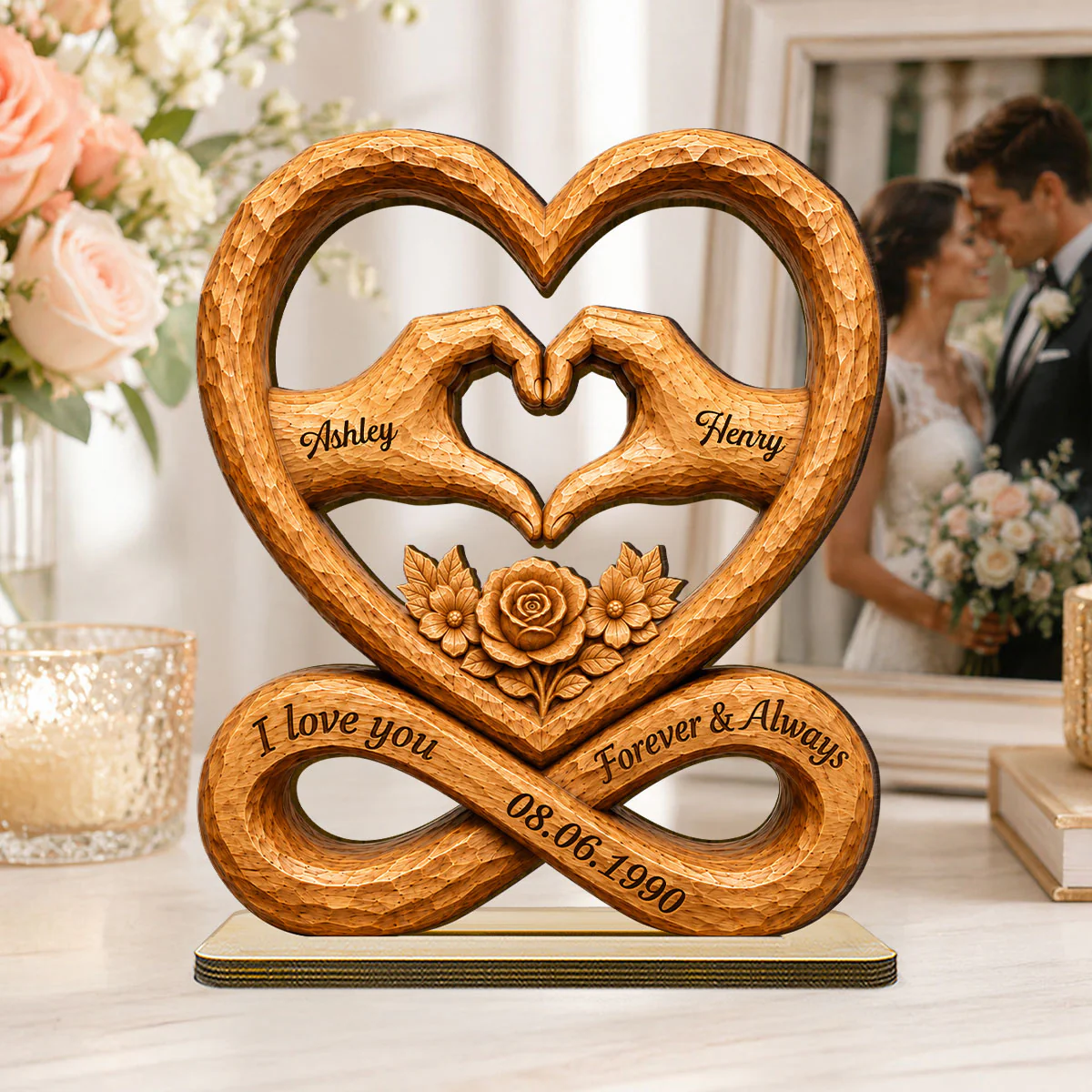 Couple Heart Hands Forever Love Custom Date - Personalized 2-Layered Wooden Plaque - Anniversary Gift, Wedding Gift For Couple - Image 3