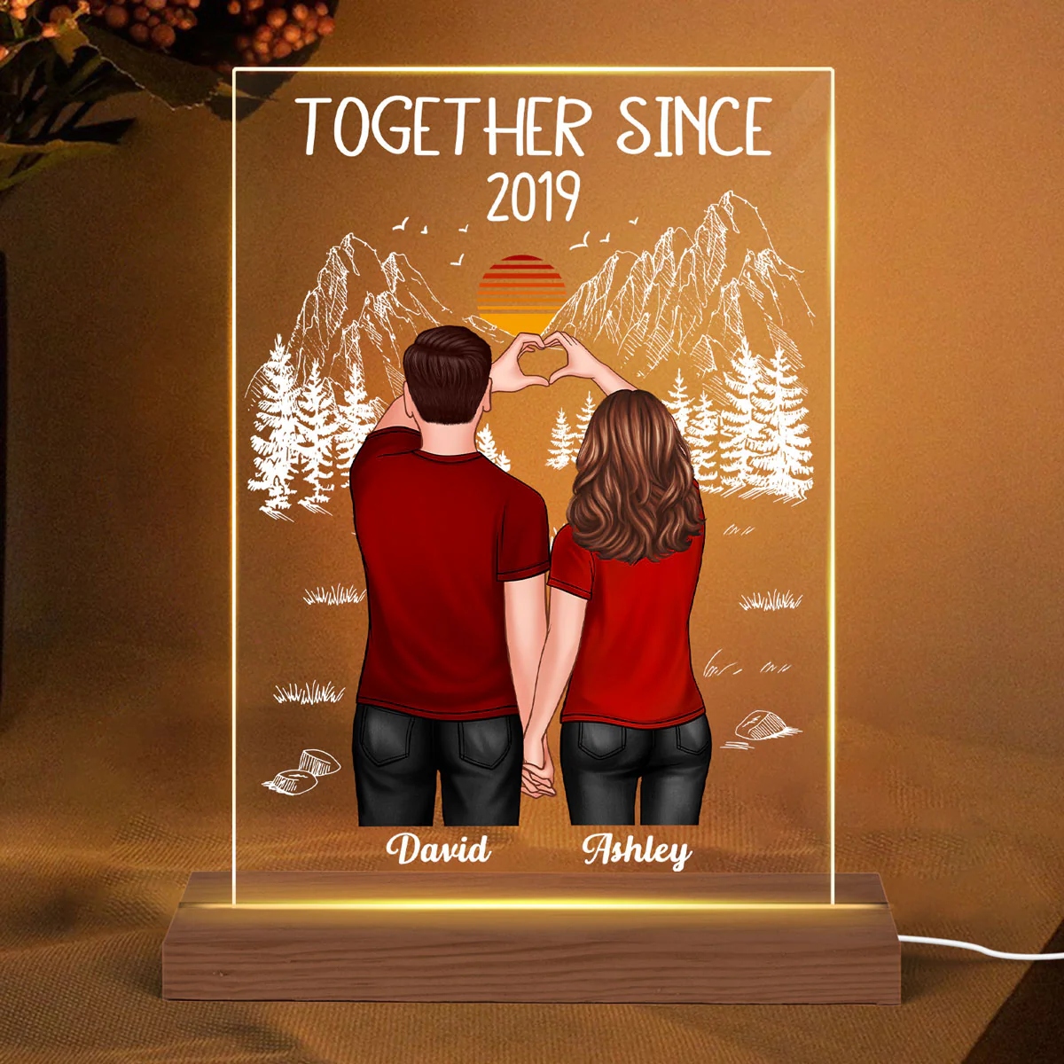 Couple Heart Hands Mountain Sketch Personalized Plaque LED Night Light