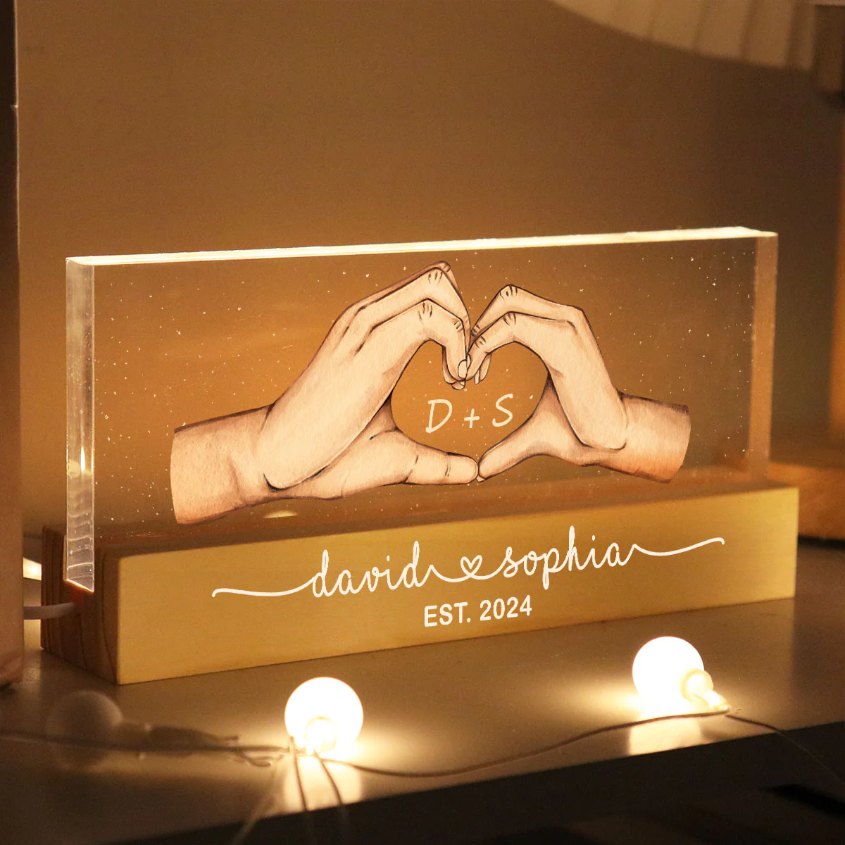Couple Heart Hands Personalized Acrylic Block LED Night Light, Gift For Him, For Her, Boyfriend, Girlfriend, Husband, Wife