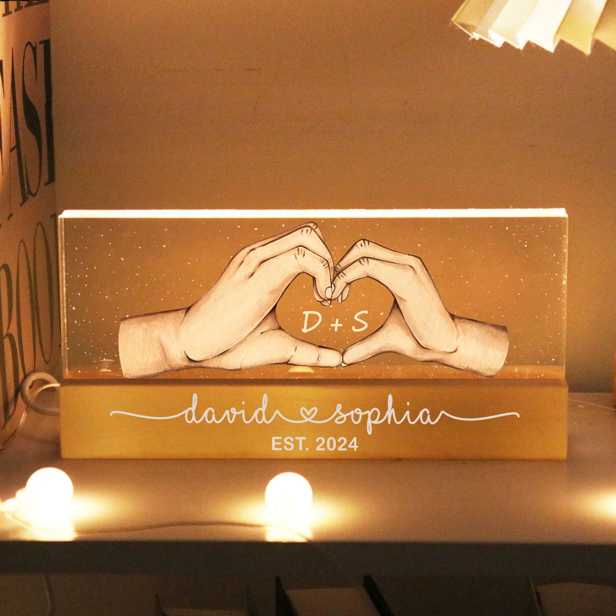 Couple Heart Hands Personalized Acrylic Block LED Night Light, Gift For Him, For Her, Boyfriend, Girlfriend, Husband, Wife - Image 2