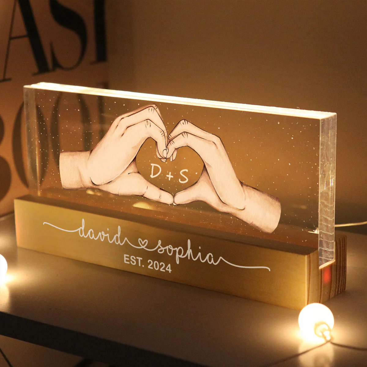 Couple Heart Hands Personalized Acrylic Block LED Night Light, Gift For Him, For Her, Boyfriend, Girlfriend, Husband, Wife - Image 3