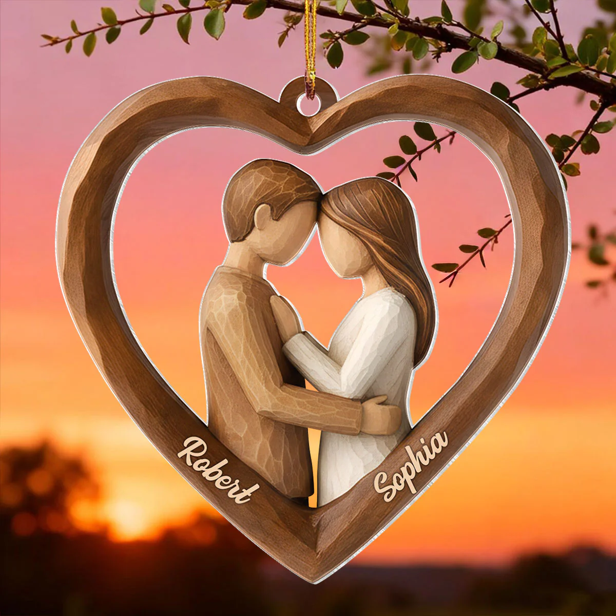 Couple Heart Love 3D Wooden Effect - Personalized Acrylic Ornament - Christmas Gift for Couples - Image 3