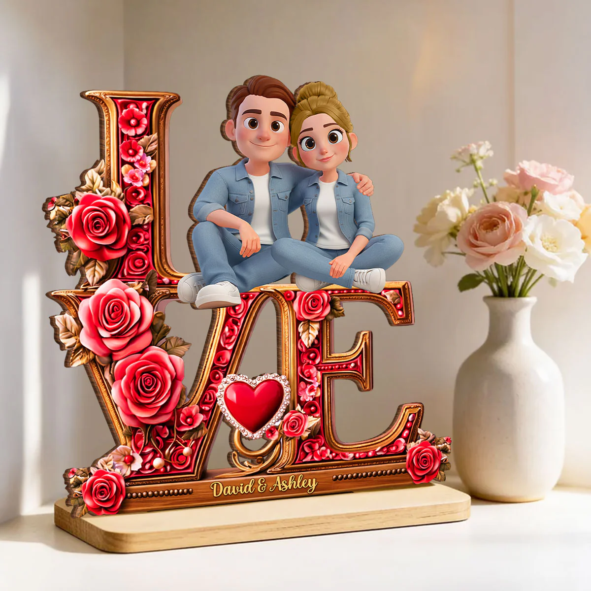 Couple Heart Rose Love - Personalized 2-Layered Wooden Plaque - Heartfelt Valentine's Day Gift for Her, for Him - Image 3