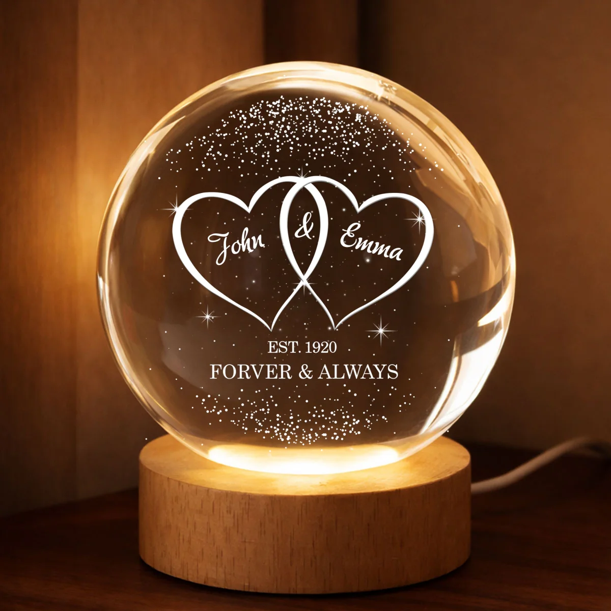 Couple Hearts Interlocked - Personalized Crystal Ball LED Night Light - Heartfelt Valentine's Day Gift for Her, for Him - Image 13