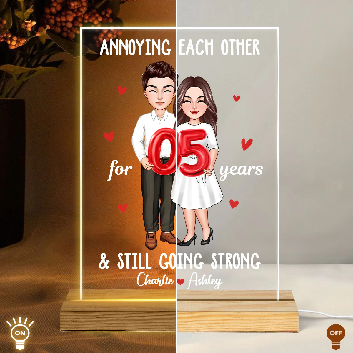 Couple Holding Balloons Anniversary Gift Personalized Rectangle Acrylic LED Night Light - Image 3