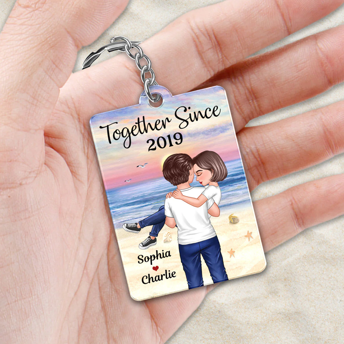 Couple Holding Embracing On Beach Favorite Song QR Code Personalized Acrylic Keychain - Image 2
