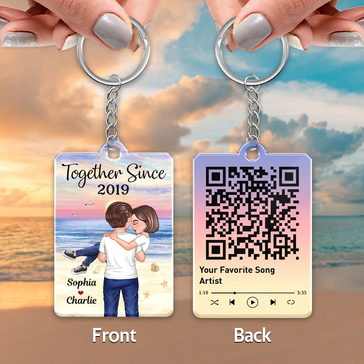 Couple Holding Embracing On Beach Favorite Song QR Code Personalized Acrylic Keychain - Image 3