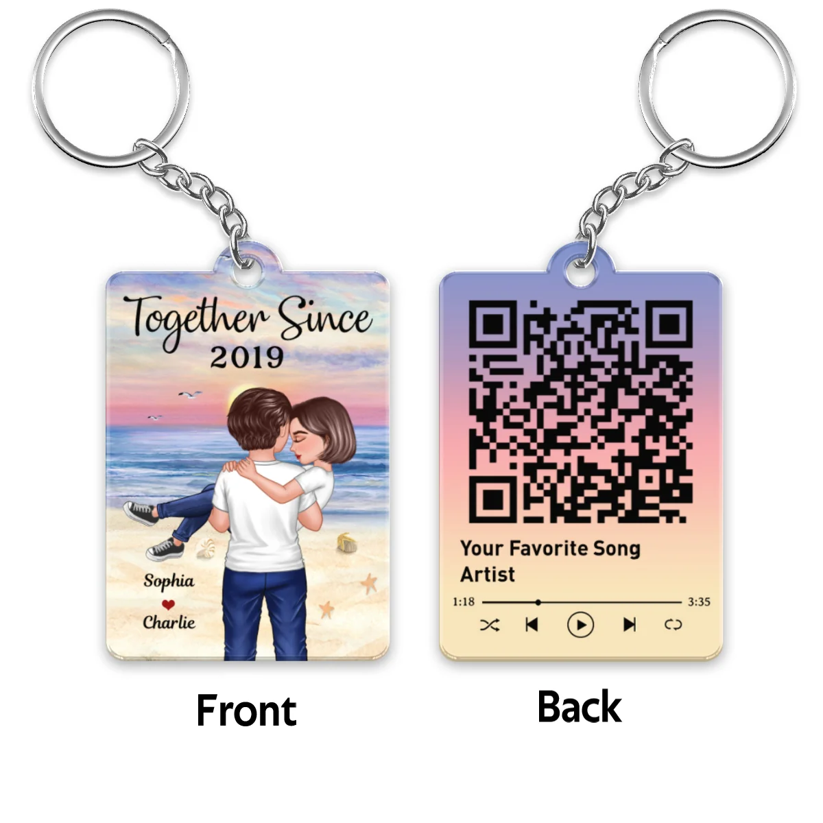 Couple Holding Embracing On Beach Favorite Song QR Code Personalized Acrylic Keychain - Image 4