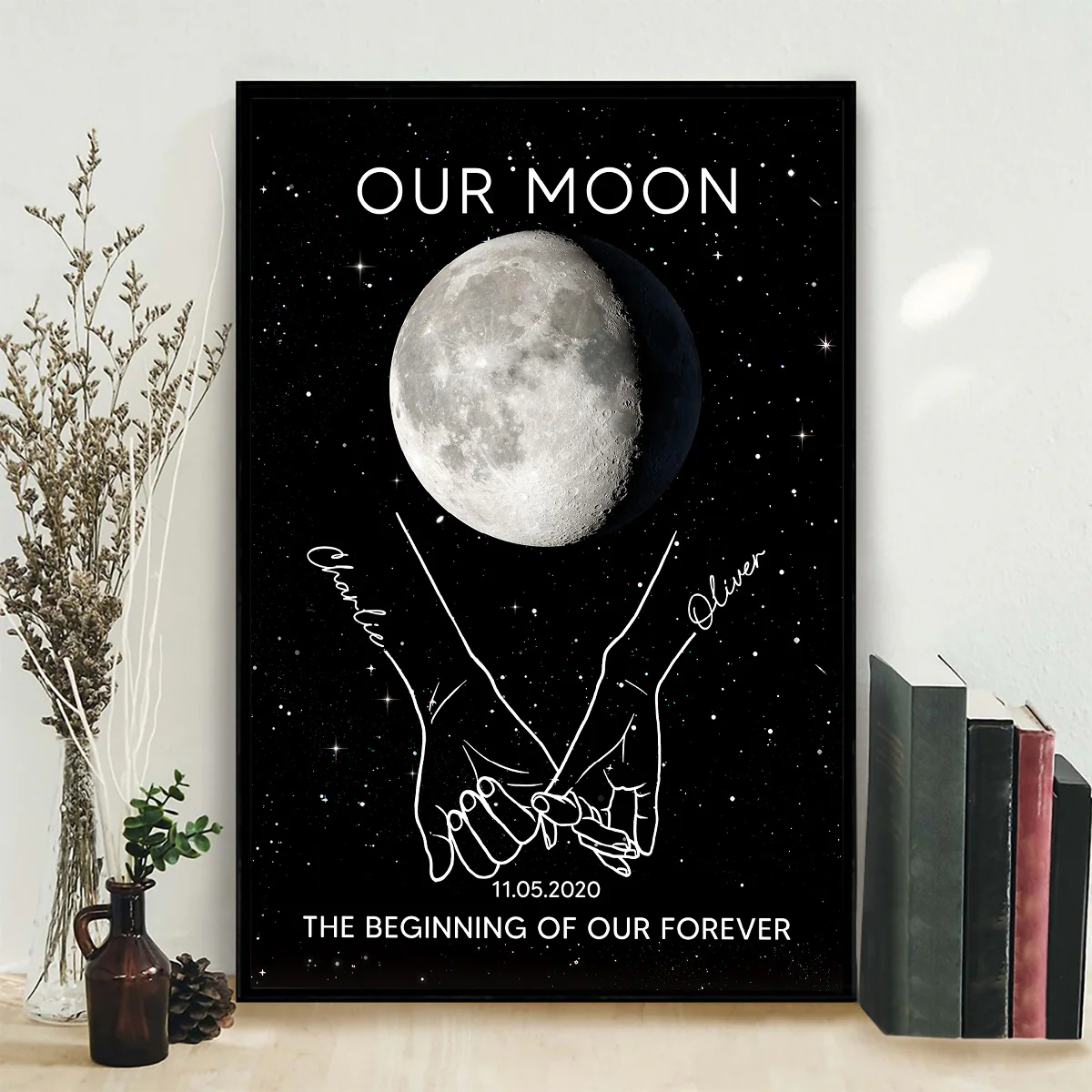 Couple Holding Hands Line Art Custom Moon Phase Anniversary Date - Personalized Poster - Gift For Couple - Image 2