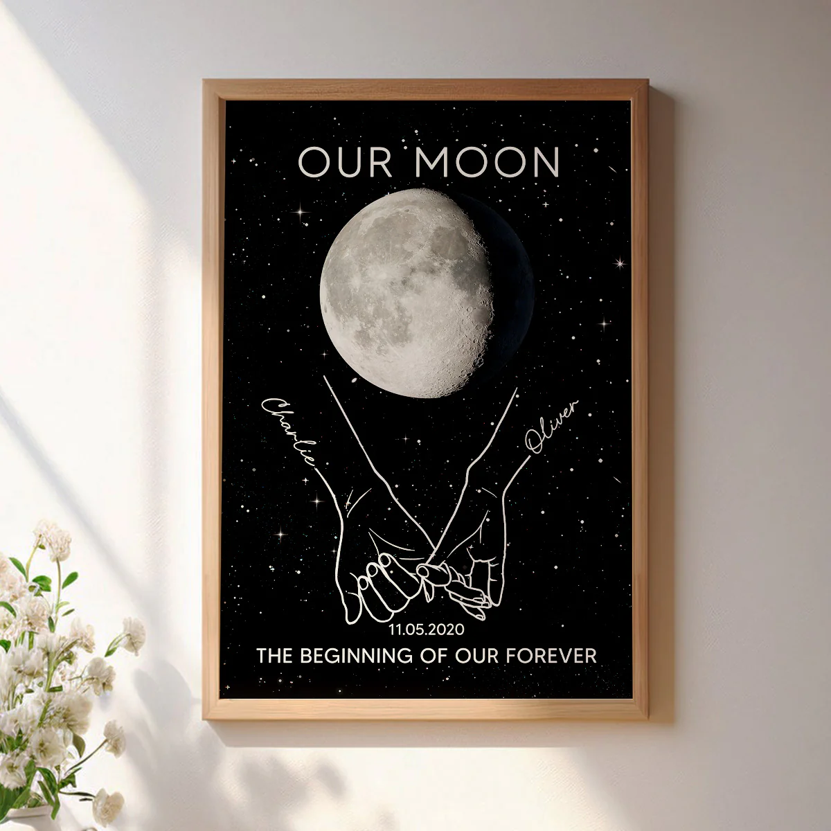 Couple Holding Hands Line Art Custom Moon Phase Anniversary Date - Personalized Poster - Gift For Couple - Image 3
