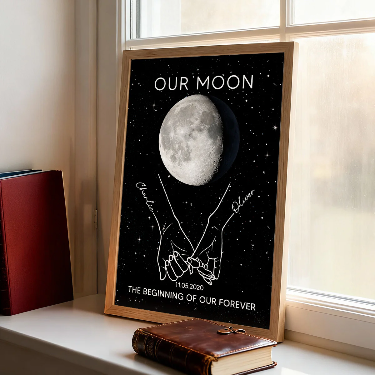 Couple Holding Hands Line Art Custom Moon Phase Anniversary Date - Personalized Poster - Gift For Couple - Image 4