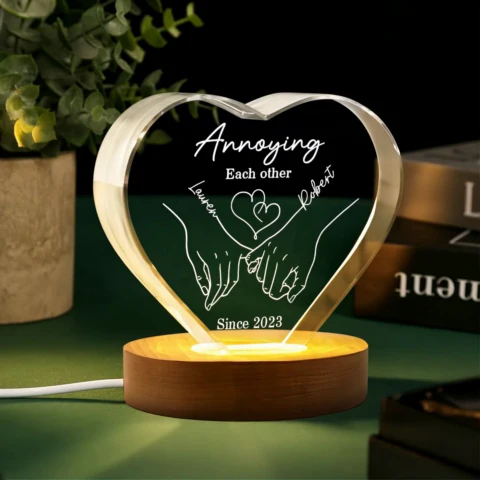 Couple Holding Hands Outline Personalized Premium Crystal Heart LED, Valentines Day Gift, Anniversary Gift for Him, for Her - Image 2