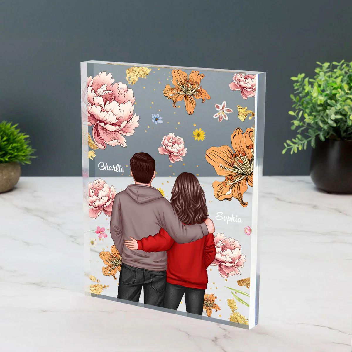 Couple Hugging Back View Birth Month Flower Personalized Acrylic Block Plaque, Heartfelt 2025  Gift, Anniversary Gift For Girlfriend, For Wife - Image 3