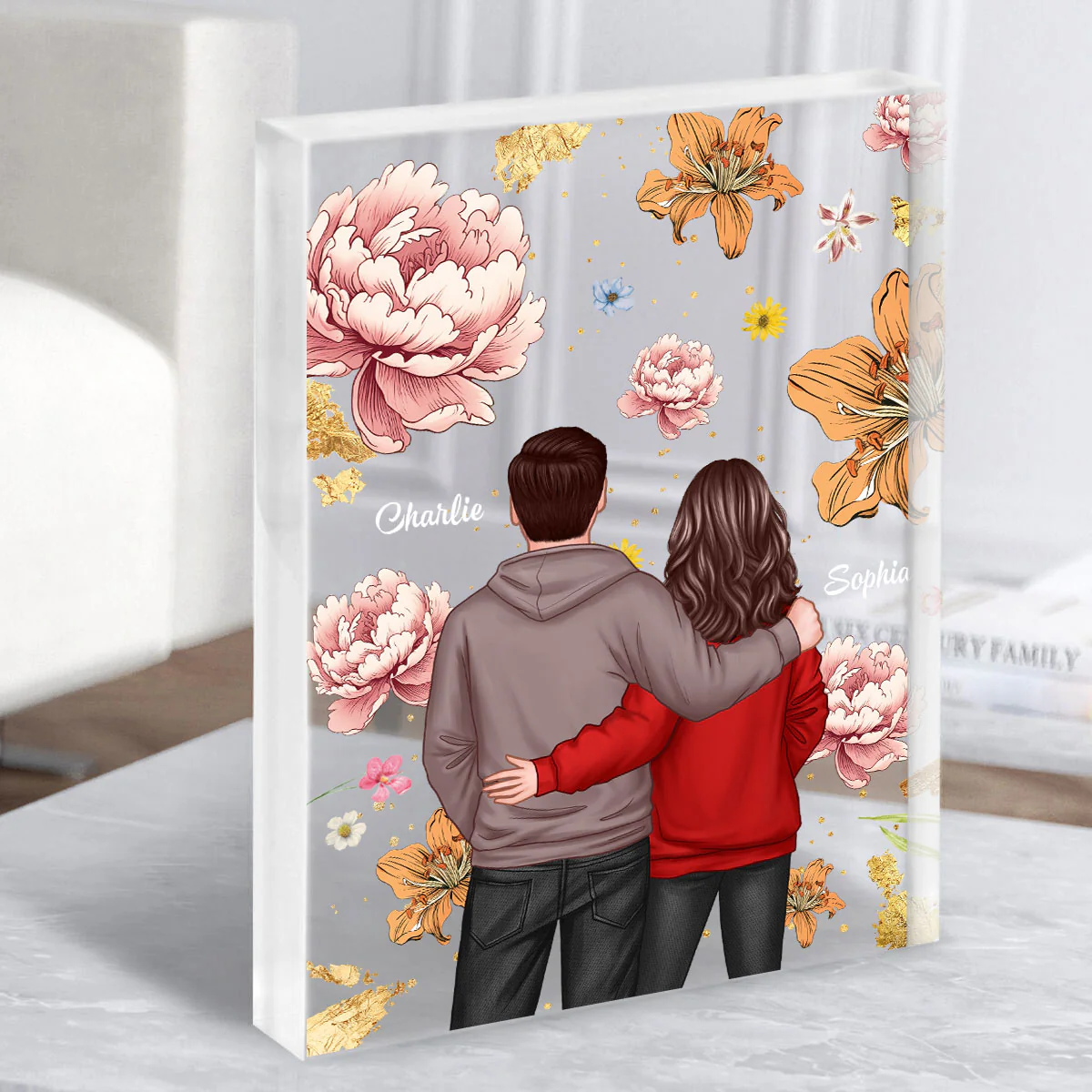 Couple Hugging Back View Birth Month Flower Personalized Acrylic Block Plaque, Heartfelt 2025  Gift, Anniversary Gift For Girlfriend, For Wife - Image 4