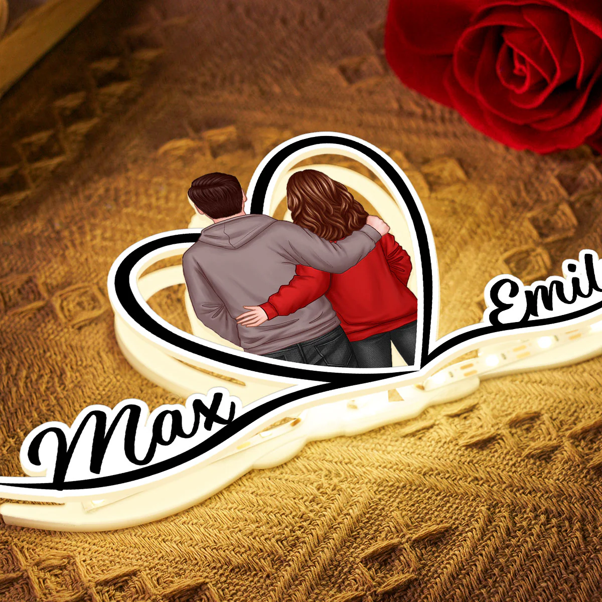 Couple Hugging Back View Heart Shape With Names Personalized Light Box, Anniversary Gift for Him for Her - Image 6