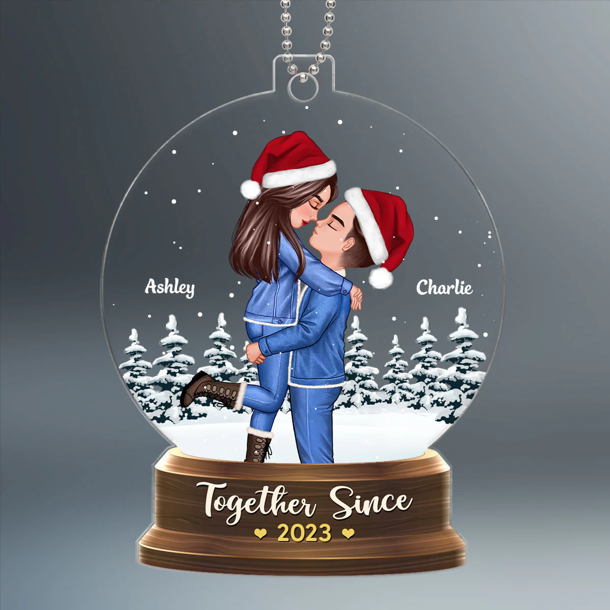 Couple Hugging In Christmas Night Snow Globe Personalized Acrylic Ornament - Image 2