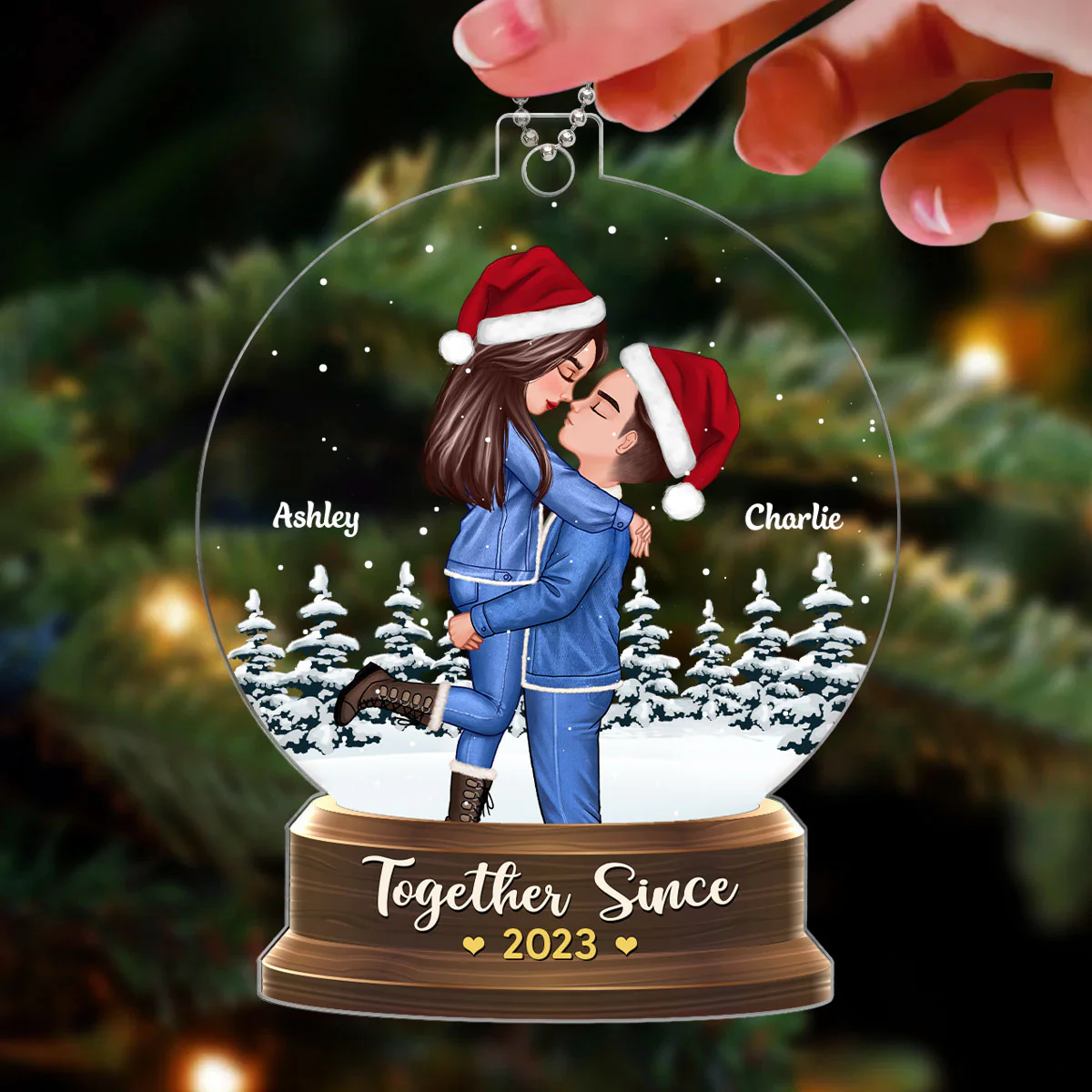 Couple Hugging In Christmas Night Snow Globe Personalized Acrylic Ornament - Image 3