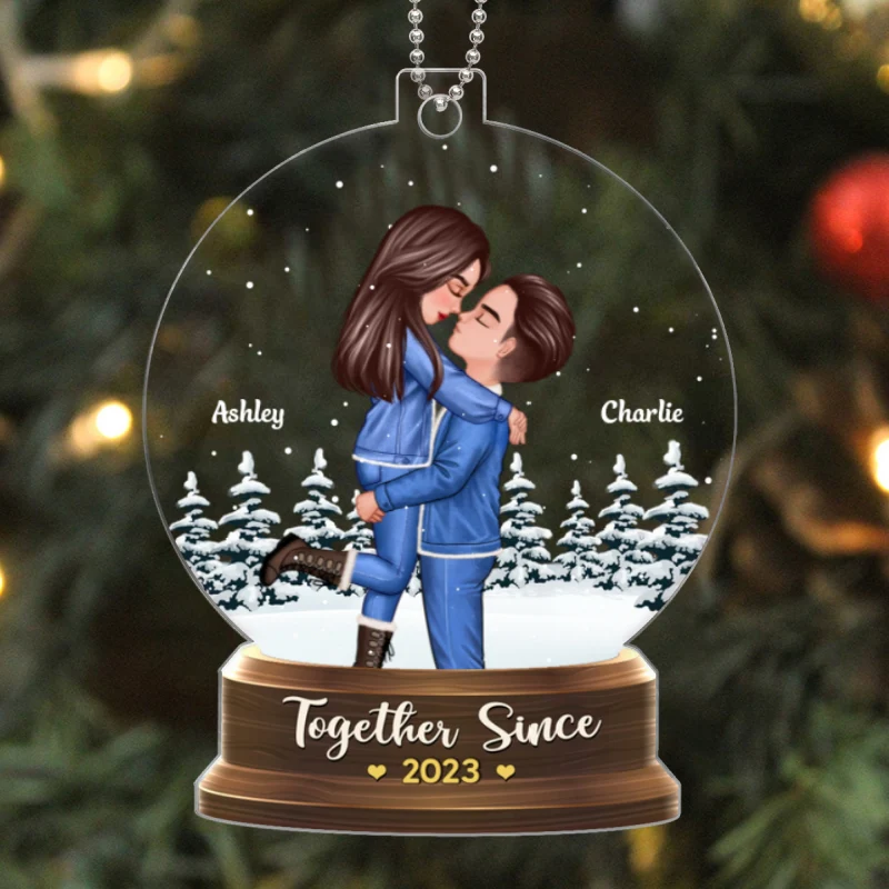 Couple Hugging In Christmas Night Snow Globe Personalized Acrylic Ornament - Image 5