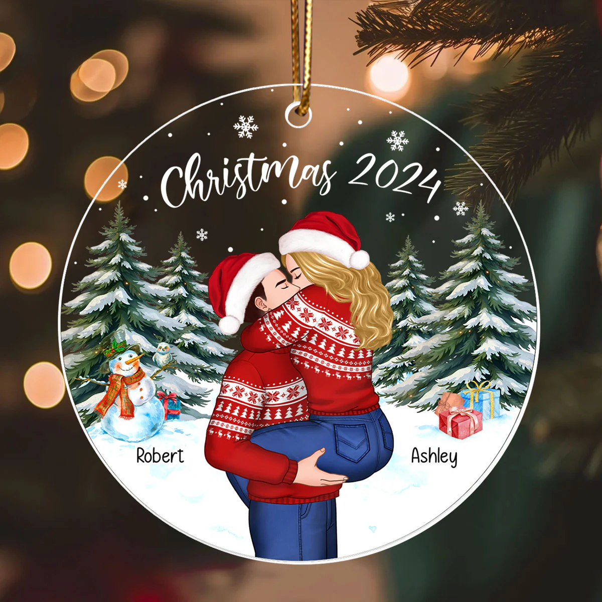 Couple Hugging In Winter Night Christmas Tree Personalized Acrylic Ornament, Christmas Gift For Him, Gift For Her - Image 2