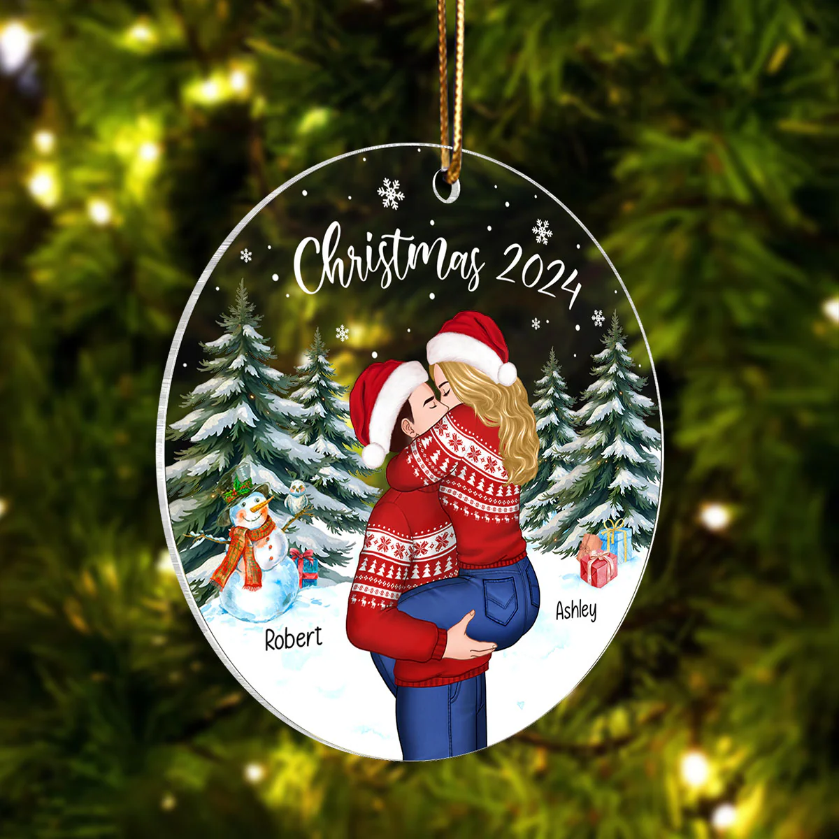 Couple Hugging In Winter Night Christmas Tree Personalized Acrylic Ornament, Christmas Gift For Him, Gift For Her - Image 3