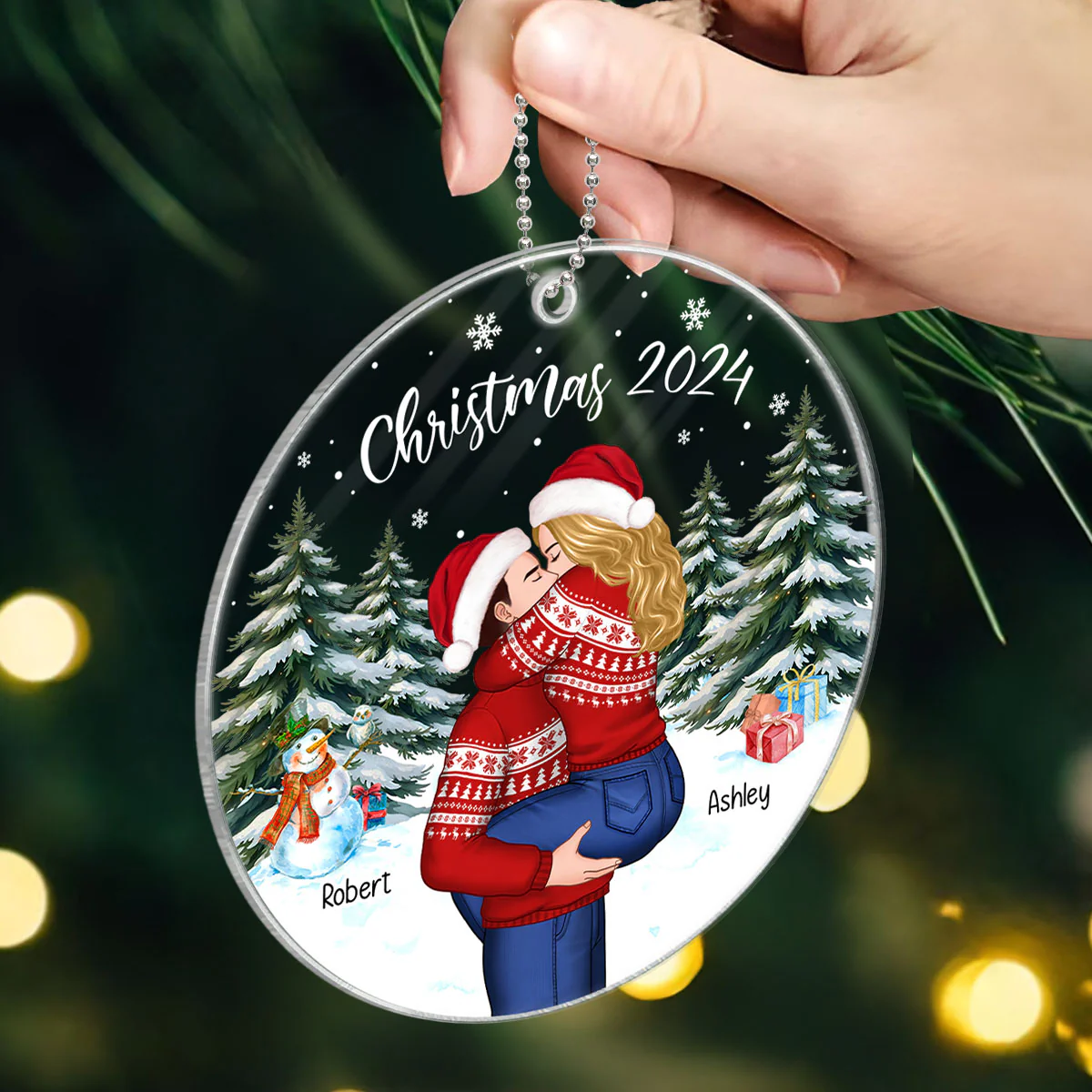 Couple Hugging In Winter Night Christmas Tree Personalized Acrylic Ornament, Christmas Gift For Him, Gift For Her - Image 4