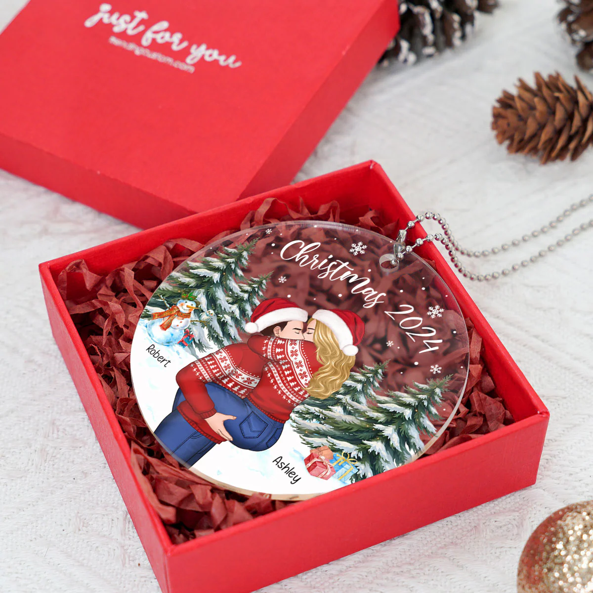Couple Hugging In Winter Night Christmas Tree Personalized Acrylic Ornament, Christmas Gift For Him, Gift For Her - Image 5