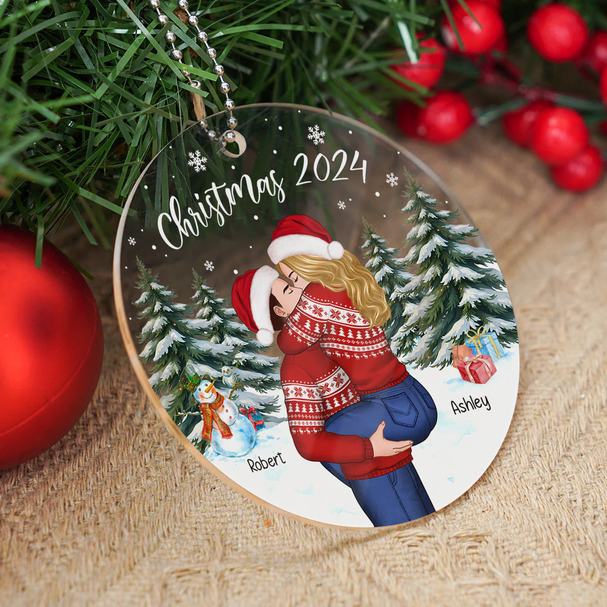 Couple Hugging In Winter Night Christmas Tree Personalized Acrylic Ornament, Christmas Gift For Him, Gift For Her - Image 6