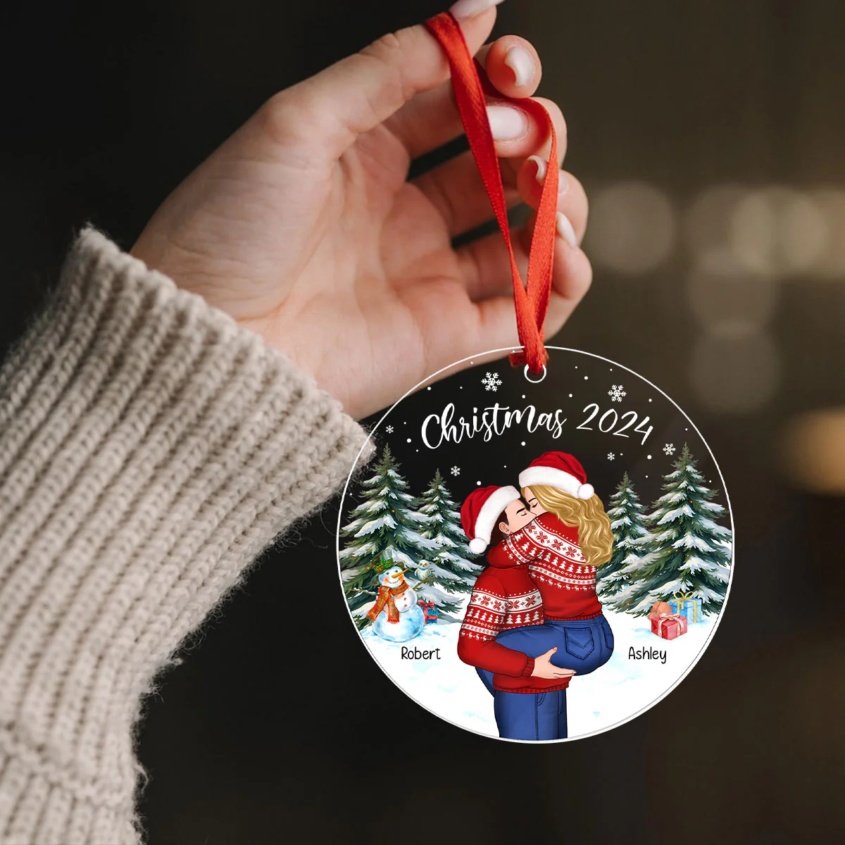 Couple Hugging In Winter Night Christmas Tree Personalized Acrylic Ornament, Christmas Gift For Him, Gift For Her - Image 7