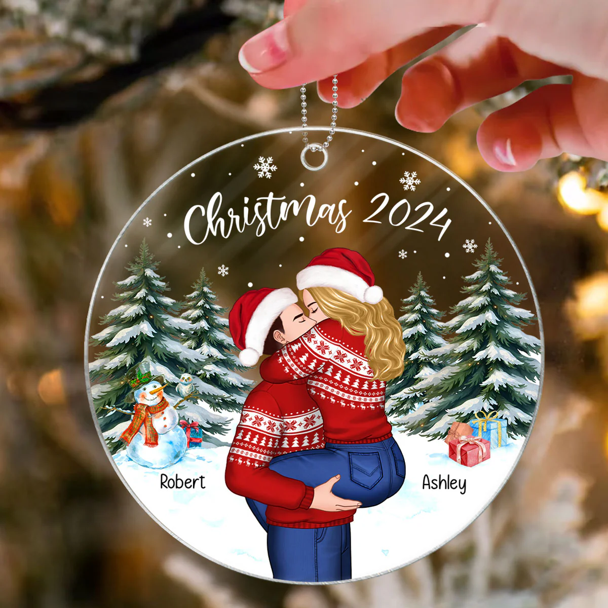 Couple Hugging In Winter Night Christmas Tree Personalized Acrylic Ornament, Christmas Gift For Him, Gift For Her - Image 8