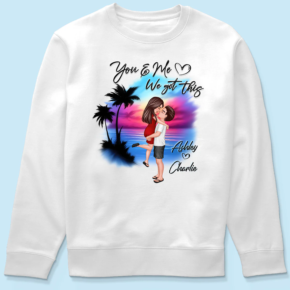 Couple Hugging Kissing Airbrushed Beach Scene Personalized Shirt - Image 6