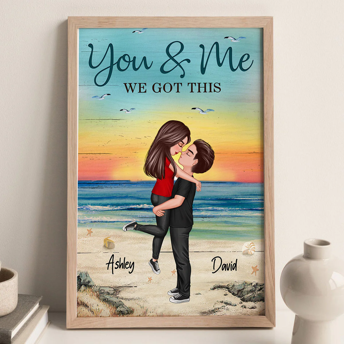 Couple Hugging Kissing At Beach Personalized Vertical Poster - Image 3
