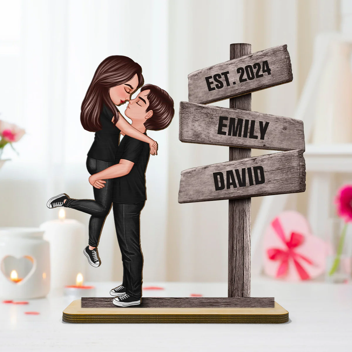 Couple Hugging Kissing Beside Directional Signs Personalized 2-Layer Standing Wooden Plaque, Heartfelt Gift For Couple, For Him, For Her, Boyfriend, Girlfriend, Husband, Wife - Image 3