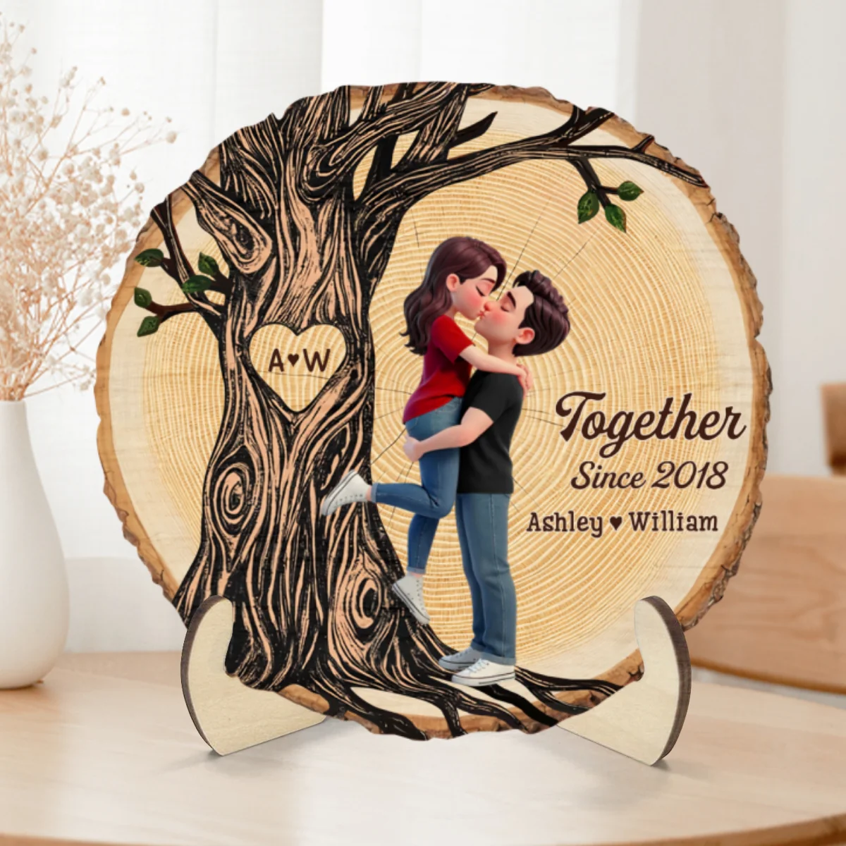Couple Hugging Kissing Beside Eternal Tree Of Love - Personalized 2-Layered Wooden Plaque - Gift For Couple - Image 10