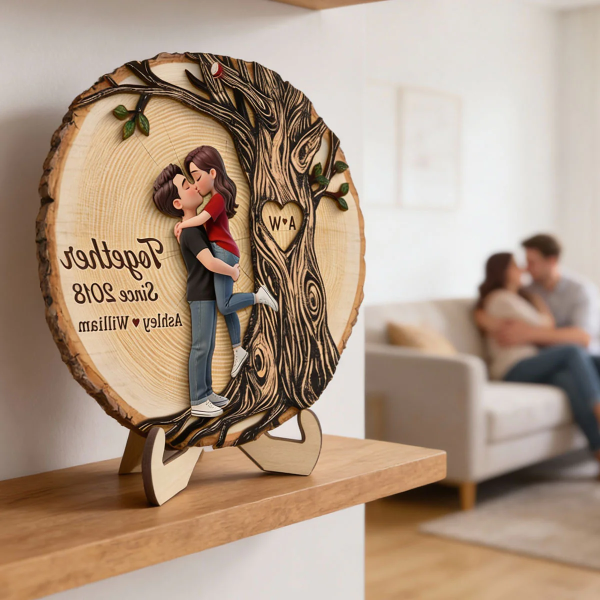 Couple Hugging Kissing Beside Eternal Tree Of Love - Personalized 2-Layered Wooden Plaque - Gift For Couple - Image 2