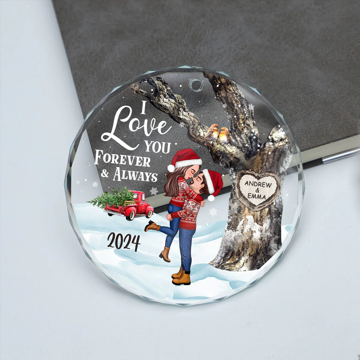 Couple Hugging Kissing Carved Heart Tree Personalized Glass Ornament, Christmas Gift For Him, For Her - Image 5