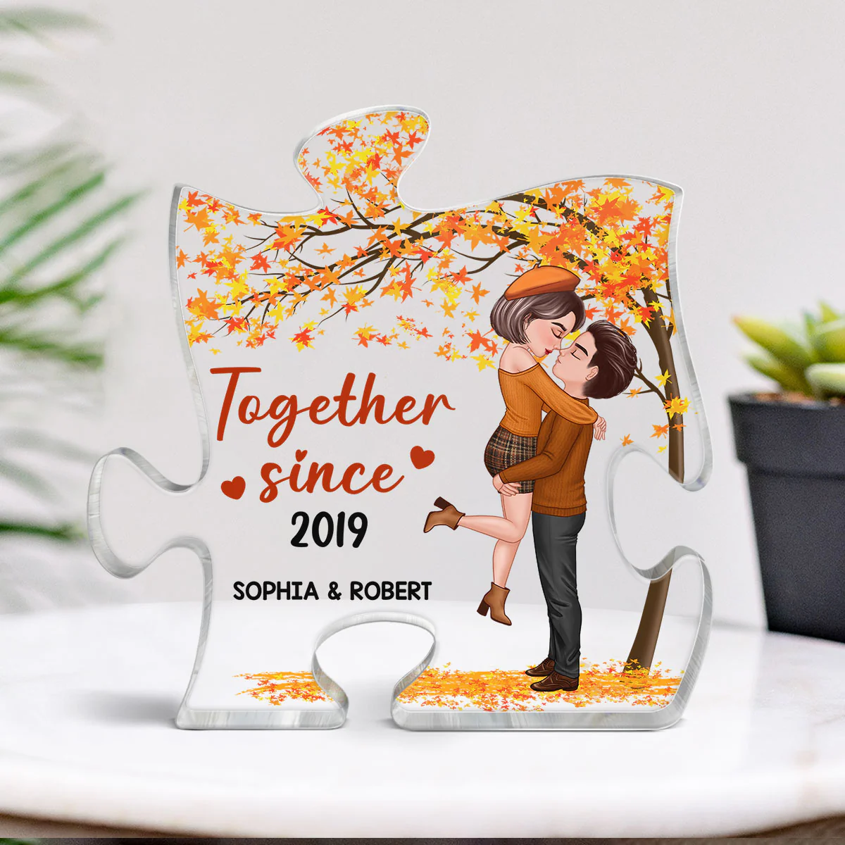 Couple Hugging Kissing Missing Piece Fall Season Autumn Personalized Acrylic Puzzle Plaque