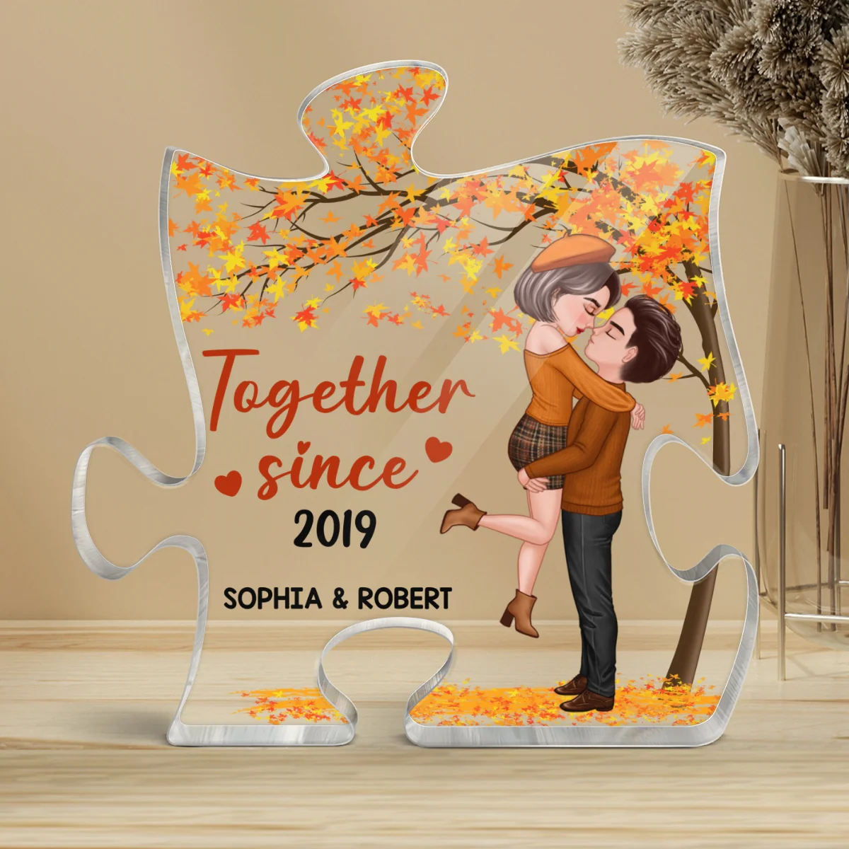 Couple Hugging Kissing Missing Piece Fall Season Autumn Personalized Acrylic Puzzle Plaque - Image 4