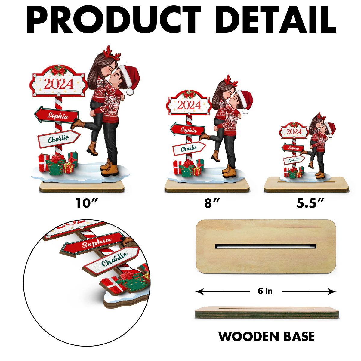 Couple Hugging Kissing North Pole Sign Christmas Decor Personalized 2-Layer Standing Wooden Plaque - Image 6