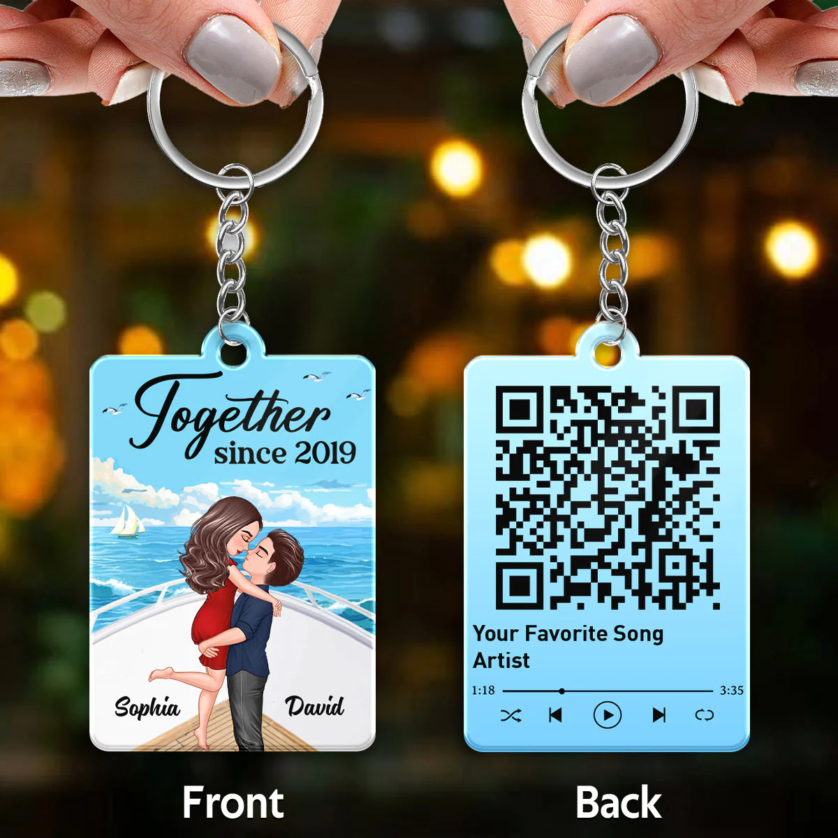 Couple Hugging Kissing On Boat Summer Favorite Song QR Code Personalized Acrylic Keychain - Image 3