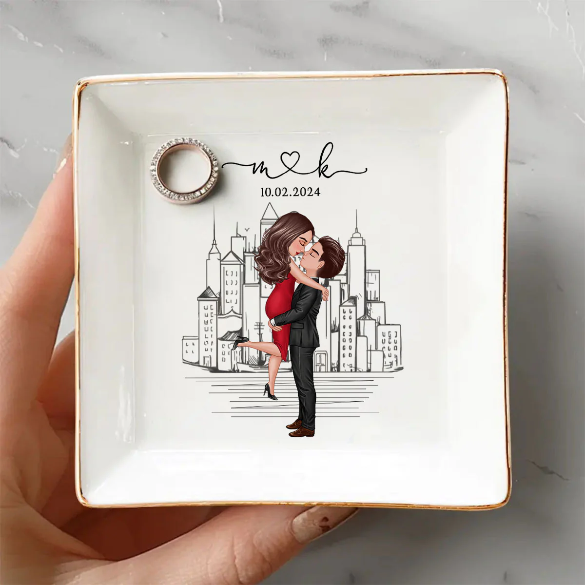 Couple Hugging Kissing Outline Landscape Personalized Jewelry Dish, Gift for Her - Image 2