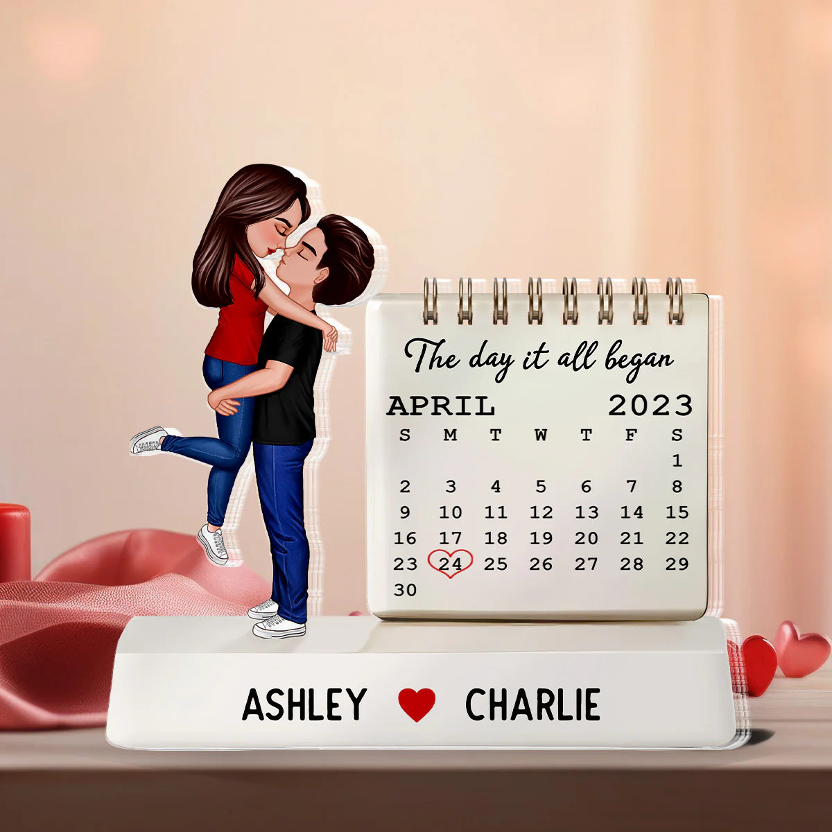 Couple Hugging Kissing The Day Our Story Began Couple Anniversary Calendar 2D Flat - Personalized Acrylic Block Plaque - Image 4